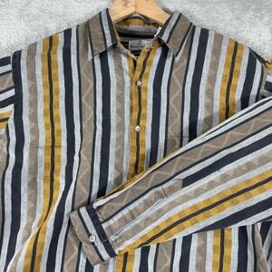 Neiman Marcus Button Up Shirt Mens Large Brown Striped Linen Cotton Vintage 90s